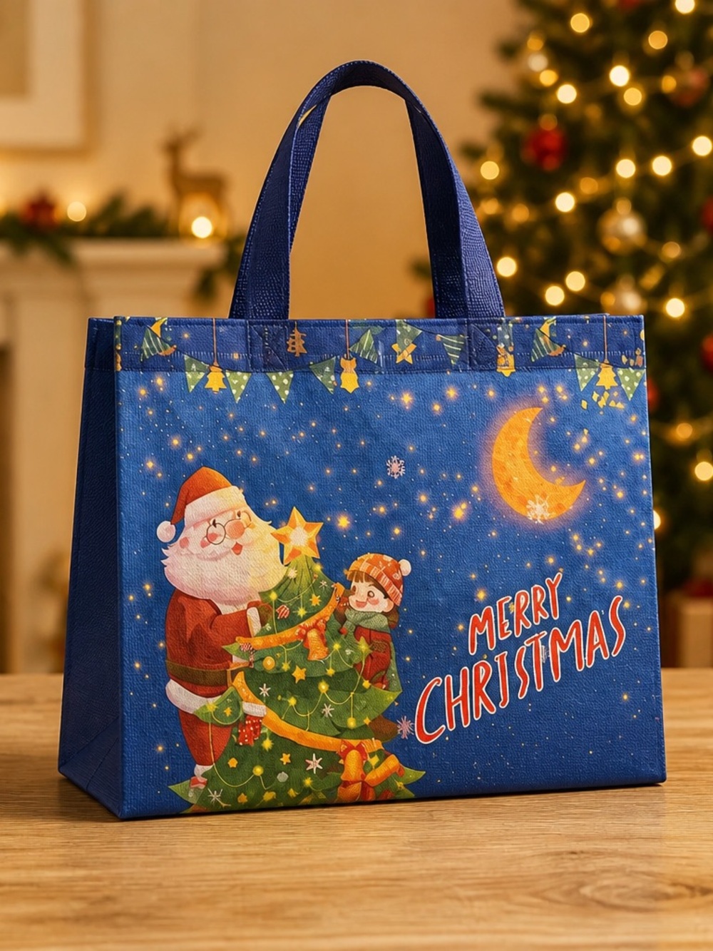 Festive Merry Christmas Blue Holiday Tote Bag